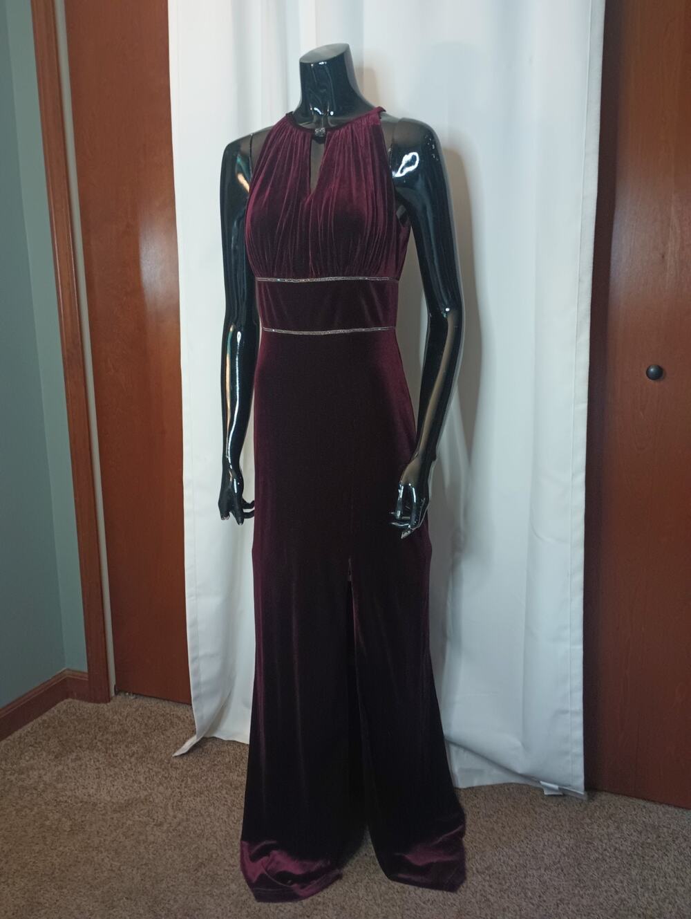 Oleg Cassini Velvet Evening Gown 6 Wine Slit High Neck Demure Event Whimsigoth